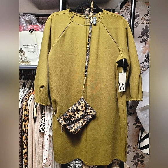 Worthington Dresses & Skirts - Dress/Crossbody Bundle, green shift dress and leoprint crossbody purse